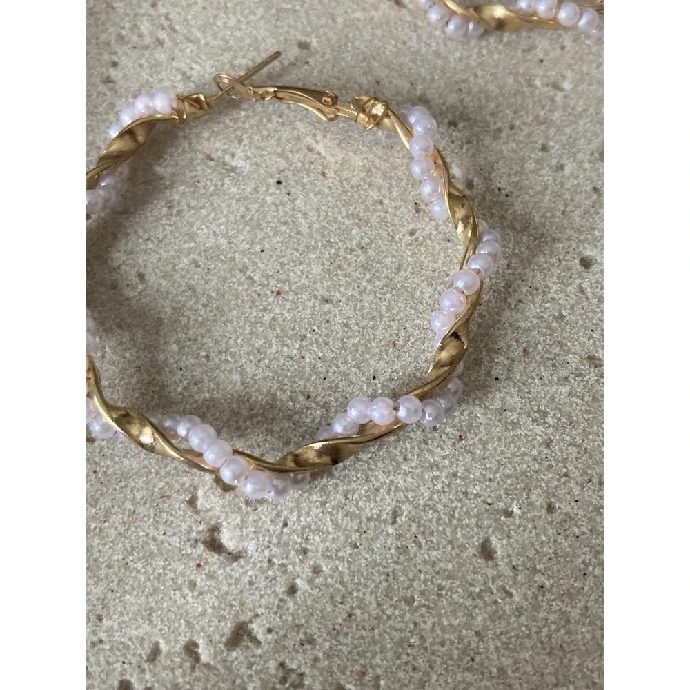 Gold Tone Twisted Hoop‎ Earrings with Faux Pearl Beads Romantic Feminine Glam